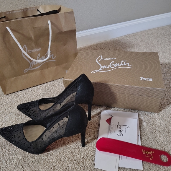 Christian Louboutin Shoes - Christian Louboutin Black Mesh Crystal-Embellished Pointed Pumps